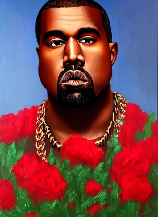 Image similar to hyperrealistic oil painting of Kanye West with red flowers in the background