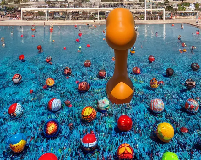 Prompt: a long shot of a giant award winning sculpture made out of tons of hundreds of pool toys in the shape of a human head, on the surface of the ocean, in the style of chad knight, hyper detailed, hyper realistic, ray tracing, 8 k resolution, sharp focus, realistic water