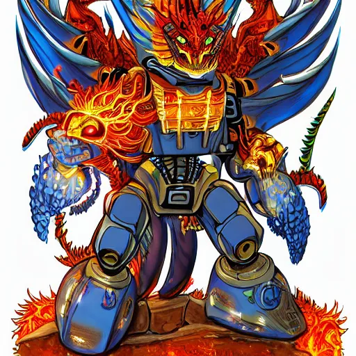 Image similar to Automaton, fire dragon spirit, Pathfinder, Robot, Overload, art by Graey Erb, full shot, pop art