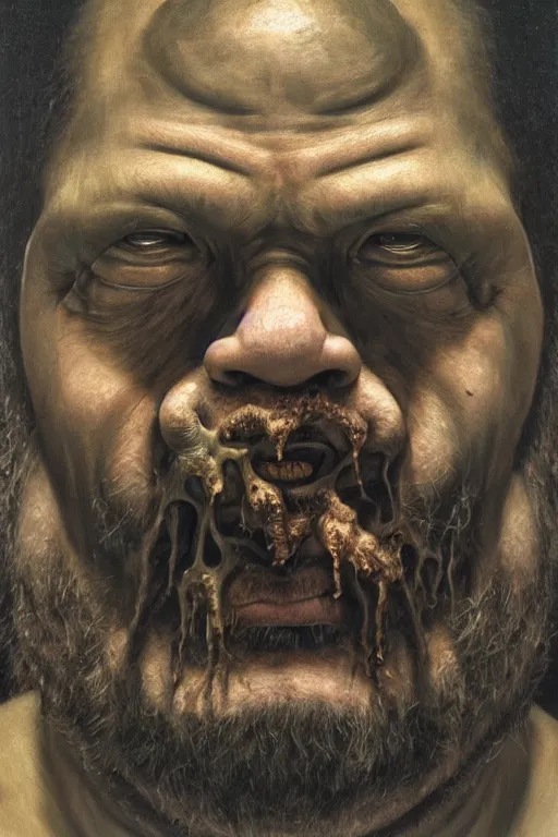 Image similar to ascii, hyperrealism oil painting, close - up portrait of a scary ai weiwei with ten eyes and mandibles, in style of baroque zdzislaw beksinski