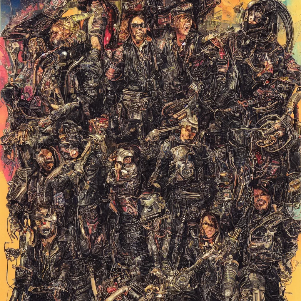 Image similar to A dramatic full-color cyberpunk art nouveau portrait of the original members of Motorhead as futuristic space punk rebel soldiers, hyperdetailed artwork by Walt Simonson and Bill Sienkiewicz, wild power, crazy fun, rebelliousness, confident, laughing, dark eyes, tarnished and rusted metal, Mad Max Road Warrior aesthetics, perfectly symmetrical facial features, 8k, deeply hyperdetailed, moody cinematic lighting, realistic mechanical details, 8k, UHD, HDR