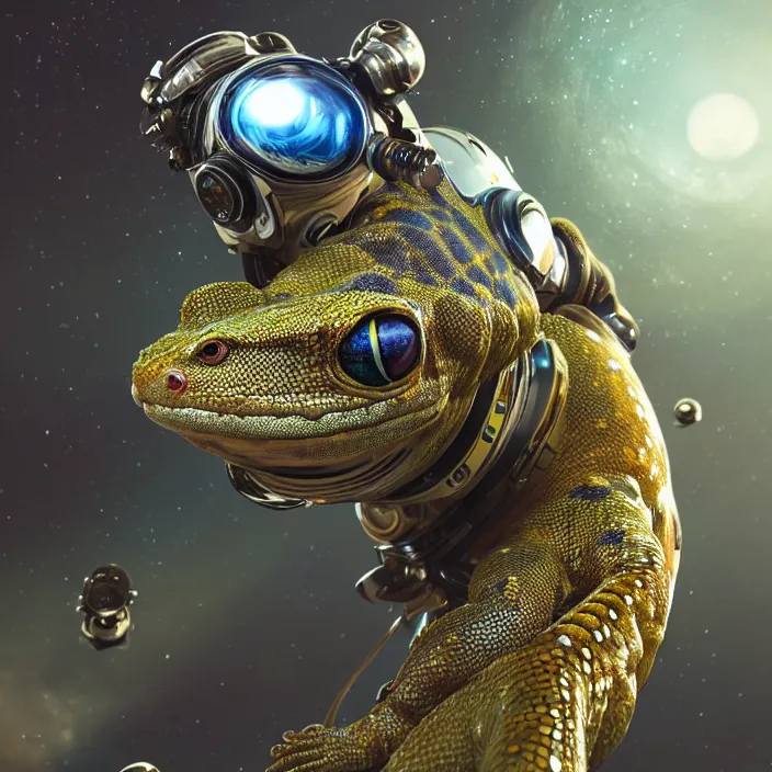 Prompt: very detailed portrait of a majestic gecko, dressed in a spacesuit, sci - fi, futuristic, details, intricate, octane render, redshift, smooth, illustration, fairy lighting, stars and planets in the background, hyperrealistic, by dmitry prozorov, loish, and wlop, trending on artstation, hyperdetailed, hyperrealism