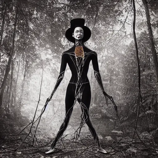 Image similar to 1860 photo of an old freak show spider-woman, on the middle of a forest, spooky , veins, arteries, intricate, golden ratio, full frame, elegant, highly detailed, ornate, ornament, sculpture, elegant , luxury, beautifully lit, ray trace, 3d, PBR