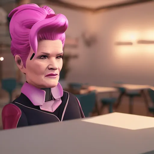 Image similar to captain janeway sharing coffee with a robotic fox with pink hair, inside a french cafe, 3 d render, hdr 8 k octane engine, unreal engine 5