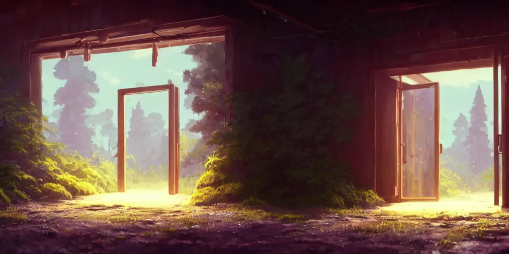 Prompt: a wholesome animation key shot of a post apocalyptic 8 0's restaurant exit door, covered by nature hipster vibes by studio ghibli, animation, sharp, rendered in unreal engine 5, focused, anime key art by greg rutkowski, bloom, dramatic lighting