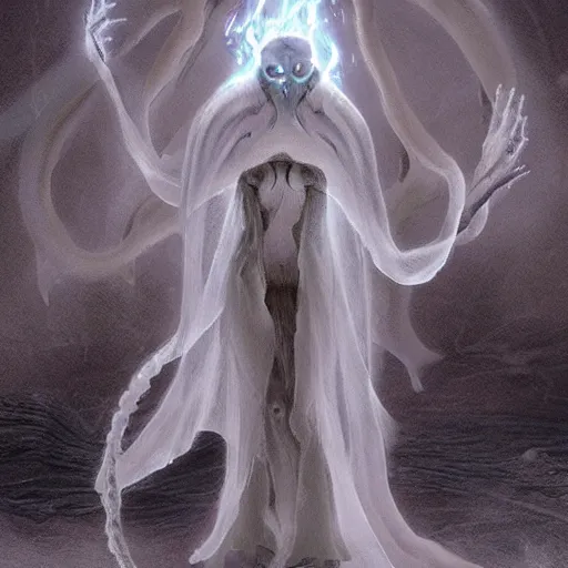 Image similar to concept designs for an ethereal ghostly wraith like figure with a squid like parasite latched onto its head and long tentacle arms that flow lazily but gracefully at its sides like a cloak while it floats around a frozen rocky tundra in the snow searching for lost souls and that hides amongst the shadows in the trees, this character has hydrokinesis and electrokinesis for the resident evil village video game franchise with inspiration from the franchise Bloodborne