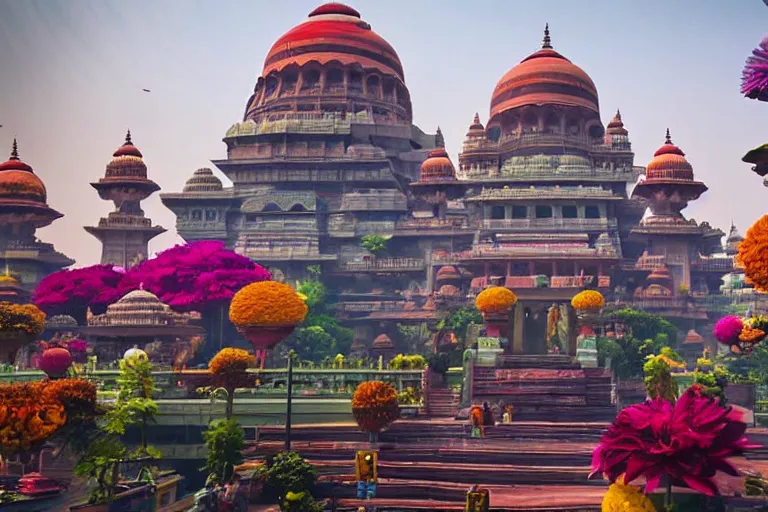 Prompt: beautiful futuristic new delhi, sharp sci - fi ganesha!! building, kalighat flowers, highly detailed cinematic, stephen shore & john j. park, soft morning light, wide shot, high angle, uhd 8 k, sharp focus