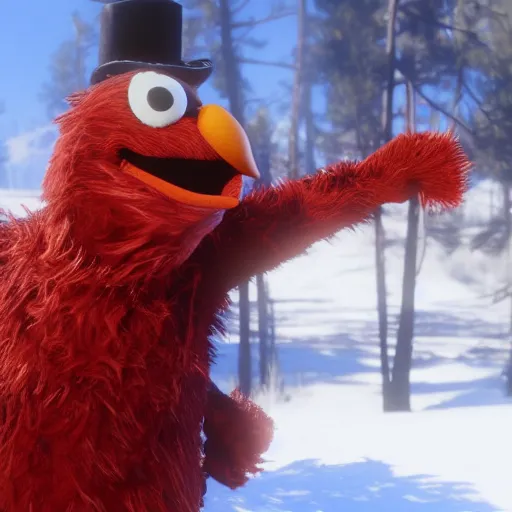 Prompt: Film still of Elmo in Red Dead Redemption 2 (2018 video game)