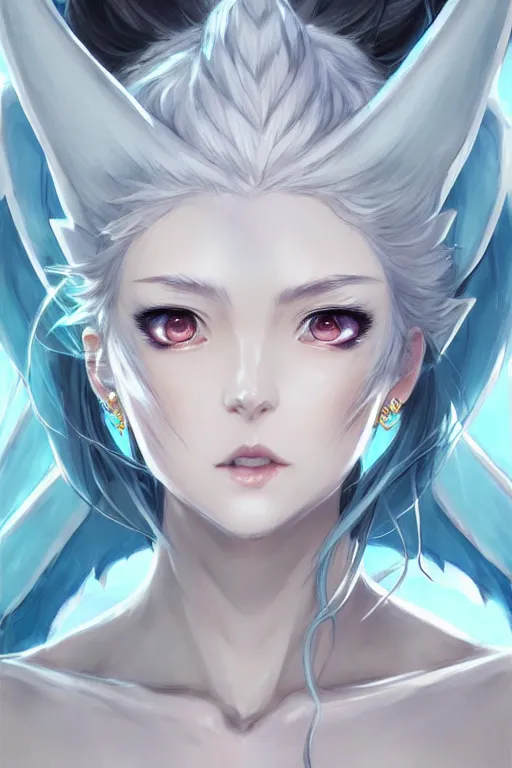 Image similar to character concept art of a woman with ice dragon horns and wings | | very anime, dragon scales, cute - fine - face, pretty face, realistic shaded perfect face, fine details by stanley artgerm lau, wlop, rossdraws, james jean, andrei riabovitchev, marc simonetti, and sakimichan, tranding on artstation