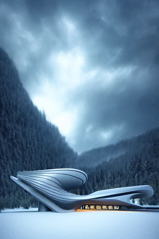 Image similar to a futuristic scene in front of a zaha hadid building in the forrest of the french alps in the style of chris moore, stormy weather, cinematic matte painting, extreme detail photo quality, dark moody colors, snowfall, featured on behance