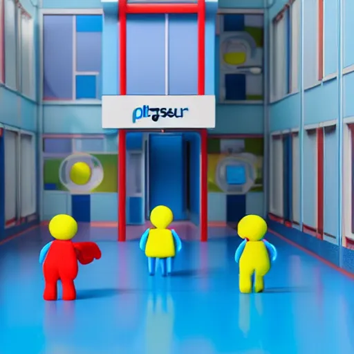 Prompt: playskool people figures entering a hospital shaped like a plus sign, the hospital is seen from outside and above, matte plastic materials, blue tones, 3 d, redshift, hydri, subsurface scattering, cgi, high quality render, ambient occlusion