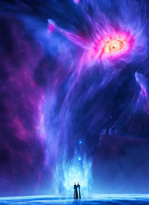 Image similar to frozen spceship in front of a nebula made of collapsing gas clouds and frozen young stars by tyler edlin ultra realistic, smooth shadows, ultra detail, high resolution, cinematic, unreal 6, 8 k 3 d