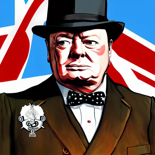 Image similar to winston churchill in gta v, cover art by stephen bliss, boxart, loadscreen