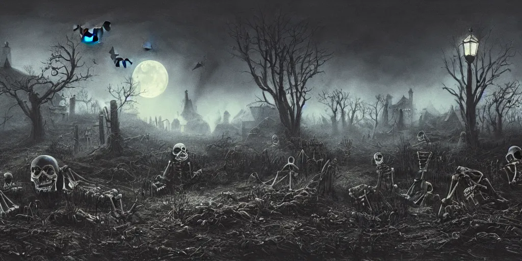 Image similar to a halloween landscape with a few skeletons two ghosts and one witch around in november, by Ernest deutsch + Ted Nasmith, cinematic lighting, masterpiece, highly detailed, 8k resolution, trending on art station