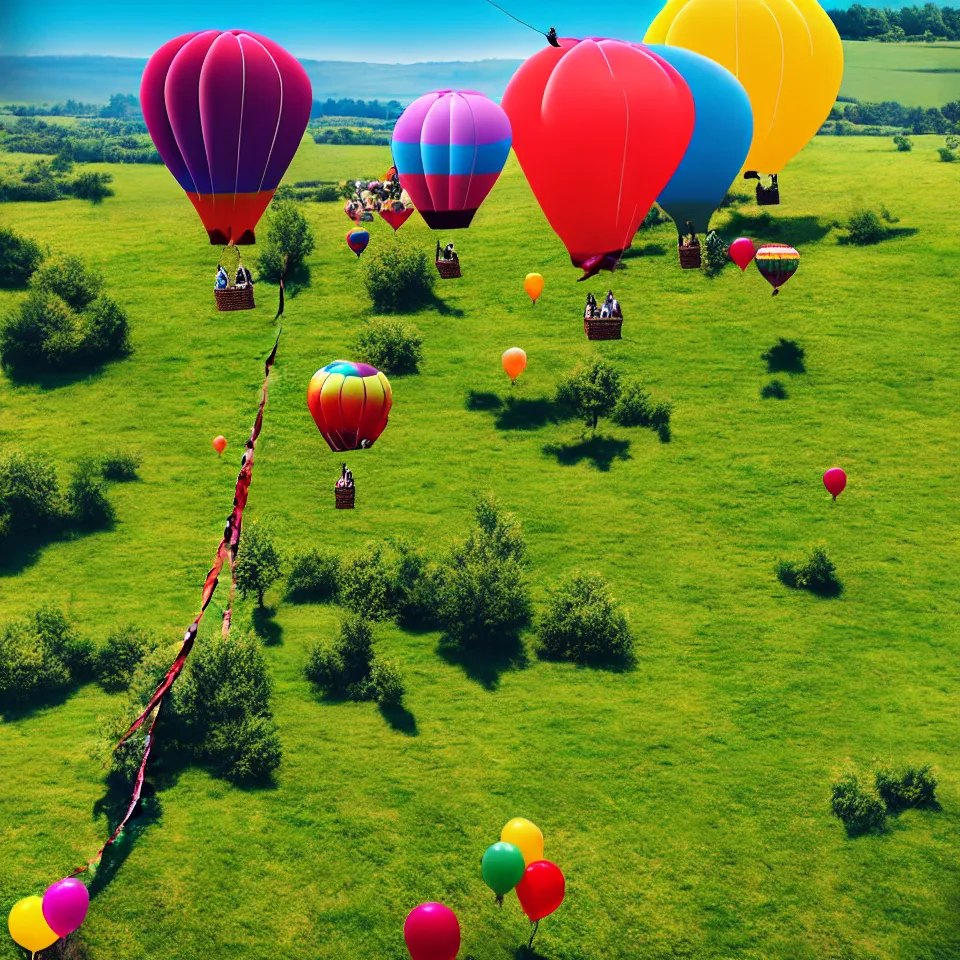 Image similar to large colorful balloons with people on rope swings underneath, flying high over the beautiful countryside landscape, professional photography, 8 0 mm telephoto lens, realistic, detailed, digital art, unreal engine