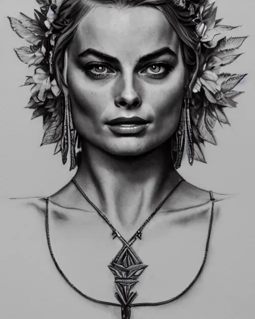 Image similar to realism tattoo sketch of margot robbie as a beautiful greek goddess aphrodite with piercing eyes wearing a laurel wreath and triangle earrings, in the style of greg rutkowski, amazing detail, confident