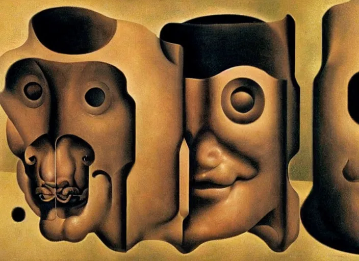 Image similar to endless masks, maddening forbidden knowledge, strange machine by rene magritte and salvadore dali