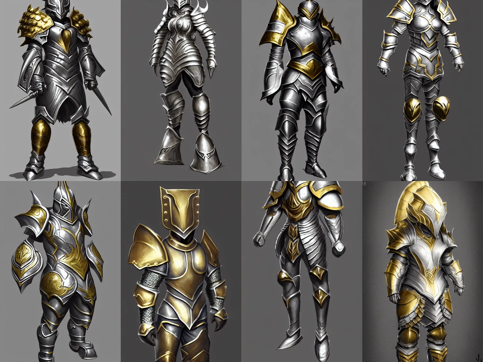 Prompt: awesome award-winning heavy fantasy armor, silver with gold trim, extremely polished, exaggerated proportions, trending on polycount, fantasy character portrait, professional concept art, front view, A-pose, full body