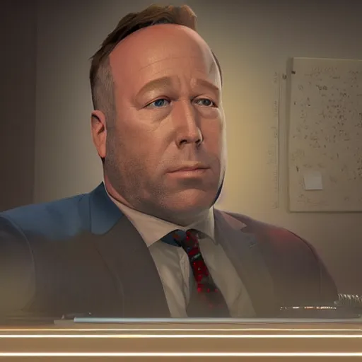 Image similar to hyperrealistic mixed media image of info wars alex jones at desk wearing hat, stunning 3 d render inspired art by xiang duan and thomas eakes and greg rutkowski, perfect facial symmetry, hyper realistic texture, realistic, highly detailed attributes and atmosphere, dim volumetric cinematic lighting, 8 k octane detailed render, post - processing, masterpiece,