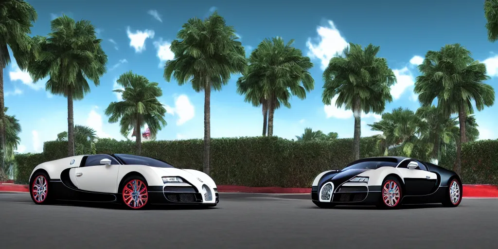 Image similar to bugatti veyron, 3 d primitive rendering, palm trees, 8 0 s vaporwave