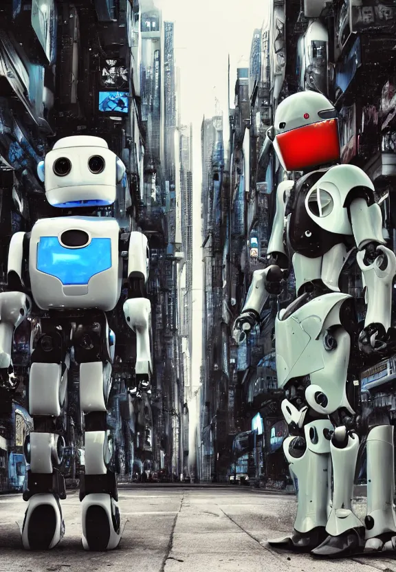 Image similar to a sad photograph two evil robots point each other, large shot, wide shot, in a street, cyberpunk photo,