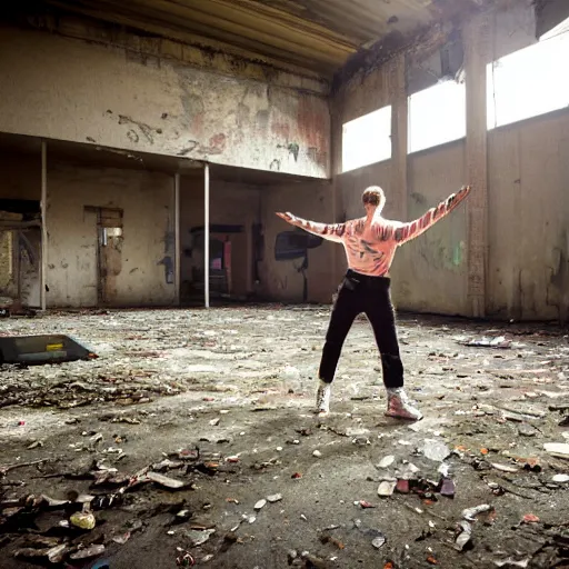 Prompt: of a raver dancing in an abandoned factory