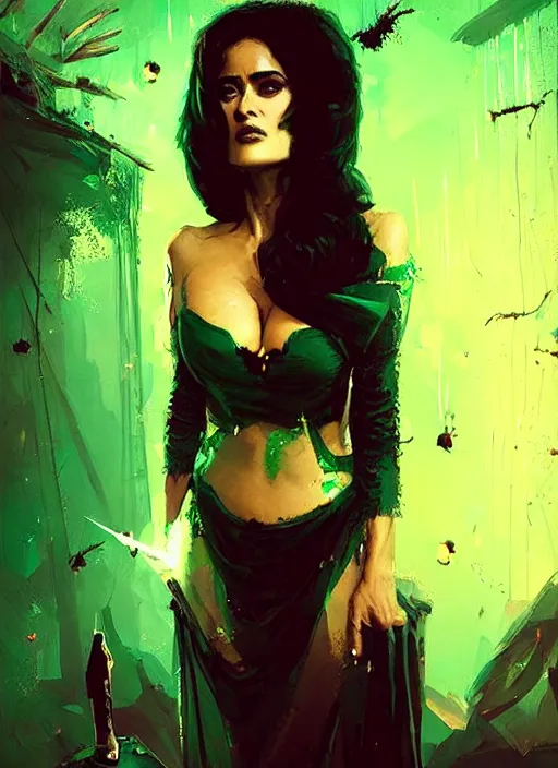 Image similar to salma hayek vampire queen, green peaks in the background, art by ismail inceoglu