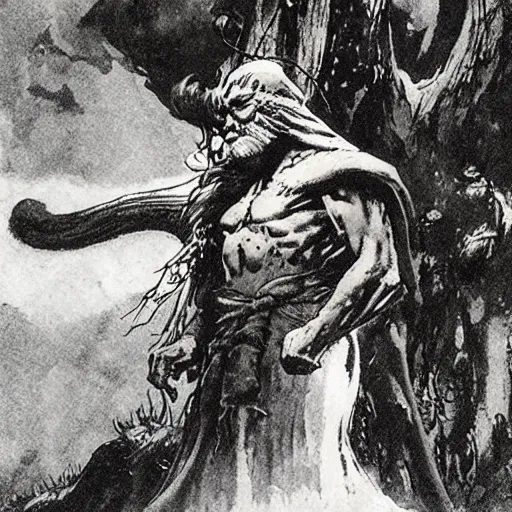 Image similar to A druid at the beginning of the world by Alan Lee, Mike Mignola and Frank Frazetta