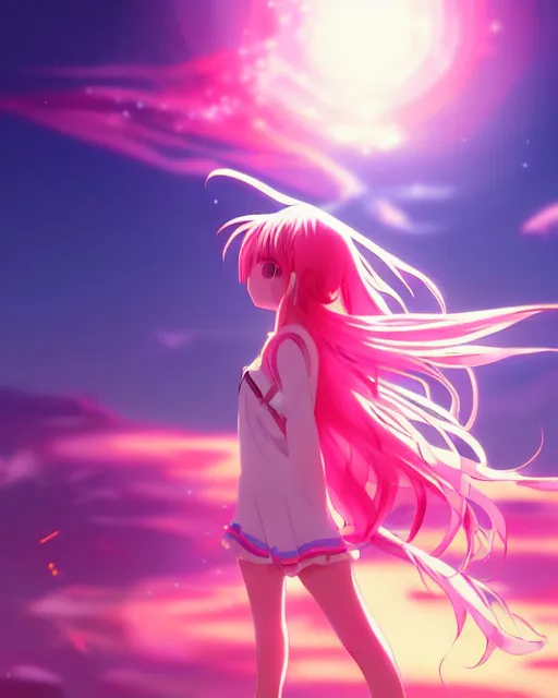 Image similar to anime style, vivid, expressive, full body, 4 k, a cute girl with white skin and long pink wavy hair humming a song, stunning, realistic light and shadow effects, centered, simple background, studio ghibly makoto shinkai yuji yamaguchi