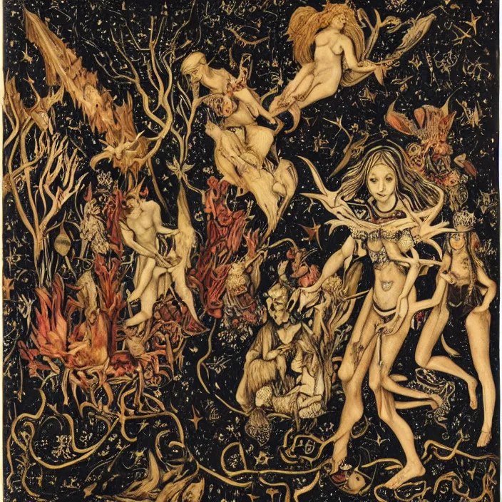 Prompt: a wide landscape with a tattood succubus with animal stripes and antlers transforming into a tree while the stars look like flowers by jan van eyck, ernst fuchs, nicholas kalmakoff, joep hommerson, character, full body, catsuit, max ernst, hans holbein, lace