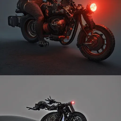 Prompt: a sci - fi biker fused with his bike, art by hr giger, dramatic, volumetric lights, octane rendering, trending on artstation, greeble