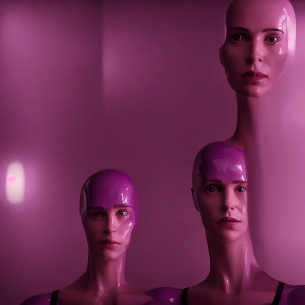 Image similar to cinestill of a giant hand made of purple wax float through the living room film still from the movie directed by denis villeneuve with art direction, pouring rain menacing lights shadows, 8 k, hd, high resolution, 3 5 mm, f / 3 2, ultra realistic faces, ex machina