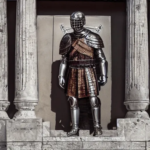 Prompt: cinematic shot of julius caesar wearing roman armor and standing outside of a dunkin donuts store, 8 k, very detailed, very intricate,