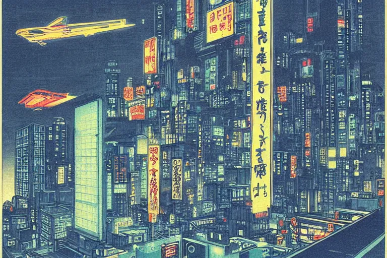 Prompt: cyberpunk buildings with a flight vehicle glowing in the sky, neon sign, bottom view ， bladerunner, by hiroshige utakawa