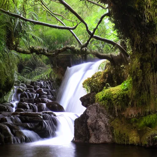 Prompt: waterfall as a river beneath orchids