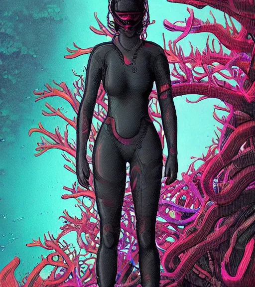 Image similar to a cyberpunk diver Polynesian woman swims through a dark bioluminescent alien coral reef, techwear, Industrial Scifi, detailed illustration, character portrait, by Martin Grip and Moebius