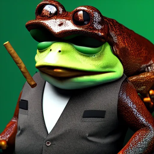 Image similar to a high quality photo of an antropomorphic frog wearing a suit smoking a cigar, 3d scene, render, ultra realistic, artstation, cgsociety