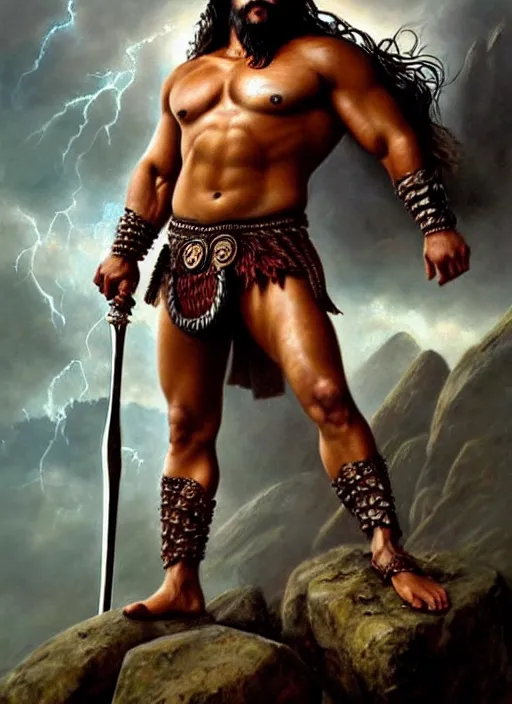 Image similar to beautiful portrait oil painting, jason momoa conan the barbarian thor standing on a rocky hill, wearing a warrior king crown and royal crimson fantasy ornate spartan dragon scale armor, wet skin and hair, muscular!!!, battle action pose, frank frazetta, boris vallejo, greg rutkowski, beautiful cinematic light, low angle, greg rutkowski, high contrast