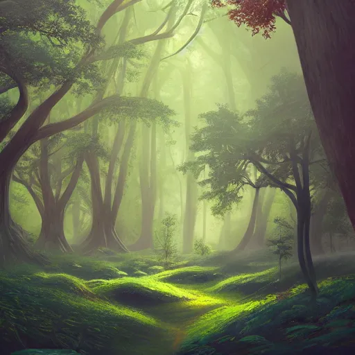Prompt: A landscape shot of a mystical dark forest. A giant oak tree is in the middle of the forest. The forest has a lot of vibrant plants, art by Sylvain Sarrailh