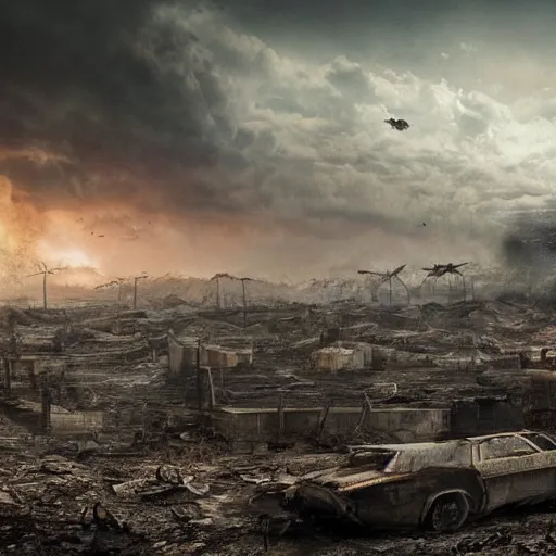 Prompt: survivors of a dystopian future with a view of a landscape devastated by an apocalyptic war, photorealistic, 4 k, ultra fine detail,
