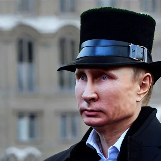 Prompt: putin wearing a black leather hat, front view, cool looking
