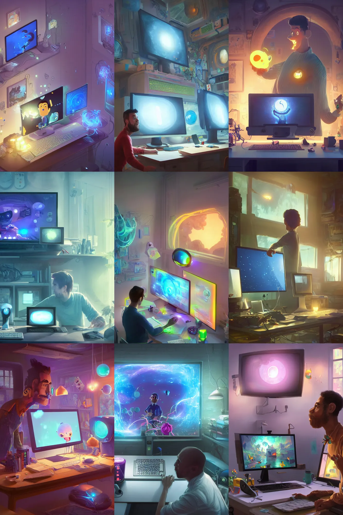 Prompt: a wholesome illustration of a man and a computer monitor with imaginative and trippy elements popping out of the screen, screen UI has Discord, imagination, creativity, magic, computer monitor, photos hanging on the wall Pixar and Disney animation, sharp, Rendered in Redshift and Unreal Engine 5 by Greg Rutkowski, Bloom, dramatic lighting