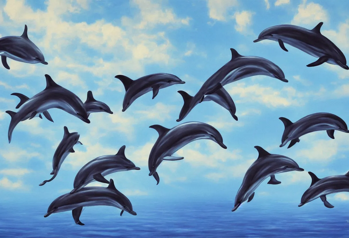 Prompt: family of dolphins flying through the clouds together science fiction painting