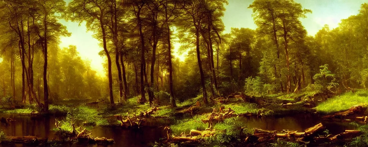 Prompt: beautiful forest scenery, painting by albert bierstadt and thomas cole