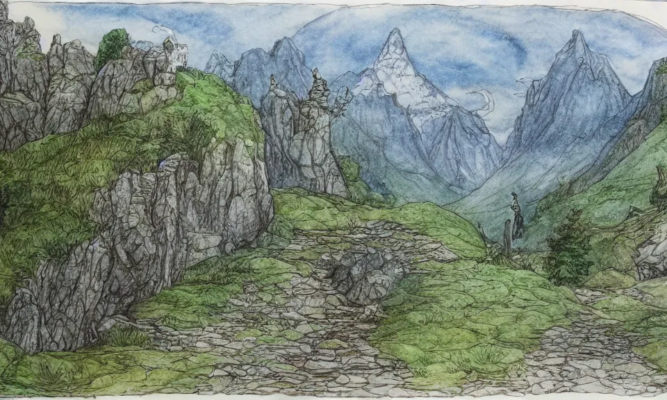 Image similar to lord of the rings landscape, beatrix potter style, pen and watercolor, epic, award-winning, 4k