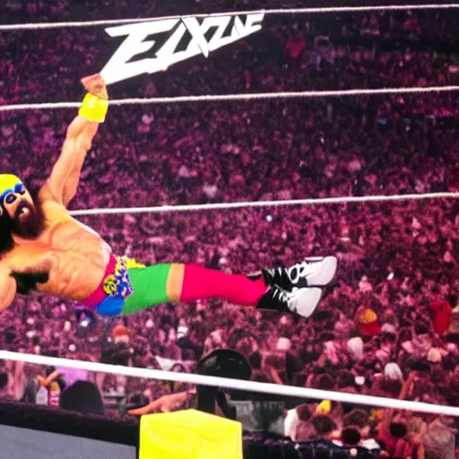 Prompt: Macho Man Randy Savage performing elbow drop from extreme height. Extreme wide angle!! very low perspective! High Quality, 4k