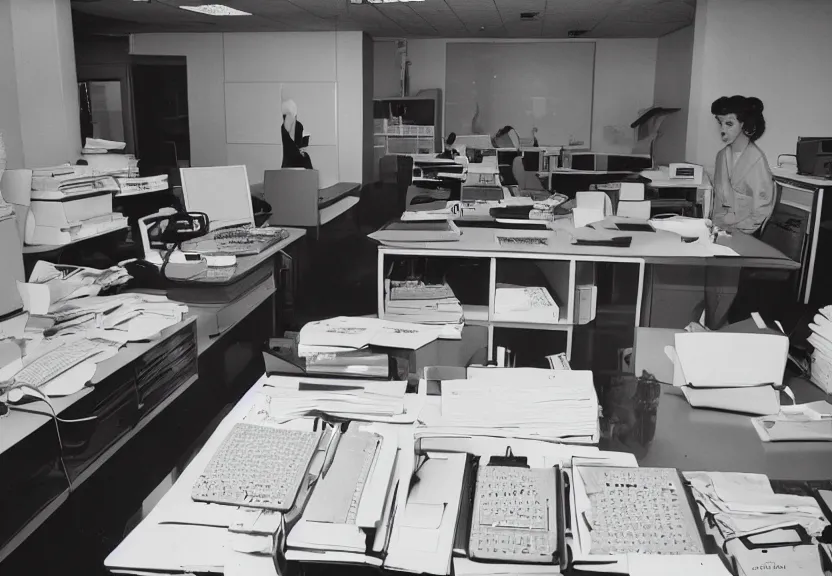 Prompt: an office from the 1 9 5 0 s one computer that is feeding the staff with paper nighttime photo 3 5 mm film