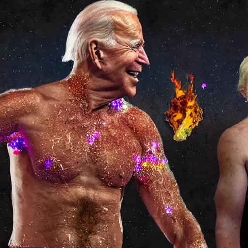 Image similar to a highly very very detailed photo of Joe Biden with attending Burning Man on the Playa with an Anarcho-primitivist Donald Trump survivalist covered in body glitter, very very detailed, photorealism, Photoshop, very coherent, HD