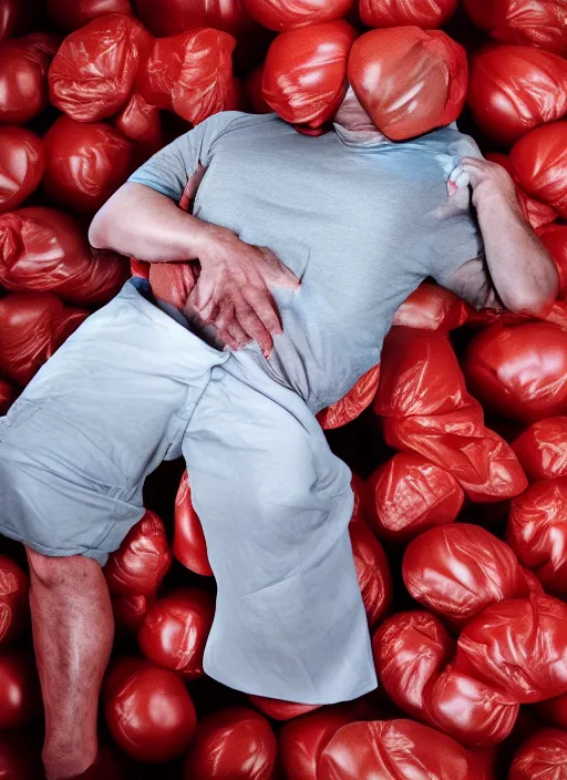 Image similar to a hyper realistic ultra realistic photograph of a man transmogrifying into crumpled tomato, top secret, highly detailed, 8k photo