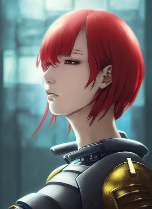 Image similar to portrait of Anime sister of battle, Warhammer 40000, cute-fine-face, red-short-hair pretty face, realistic shaded Perfect face, fine details. Anime. realistic shaded lighting by Ilya Kuvshinov katsuhiro otomo ghost-in-the-shell, magali villeneuve, artgerm, rutkowski, WLOP Jeremy Lipkin and Giuseppe Dangelico Pino and Michael Garmash and Rob Rey